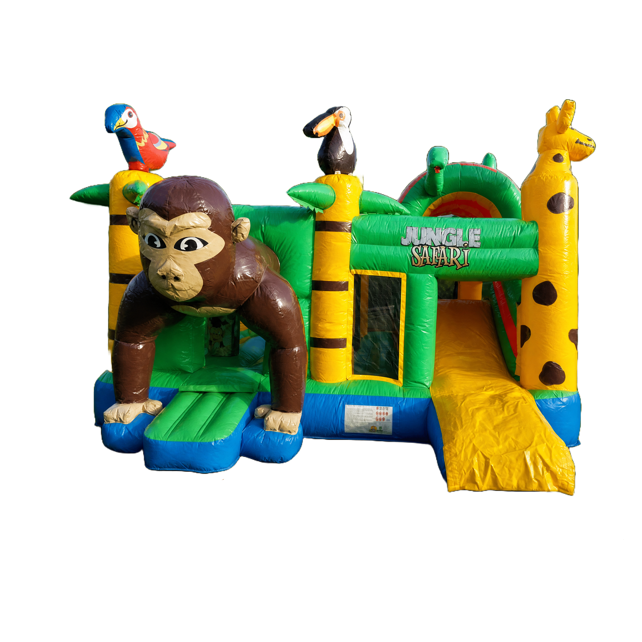 Groot groen met geel Jungle Safari springkasteel met een opblaasbare aap, giraffe, papegaai, toekan en een gele glijbaan aan de voorkant.