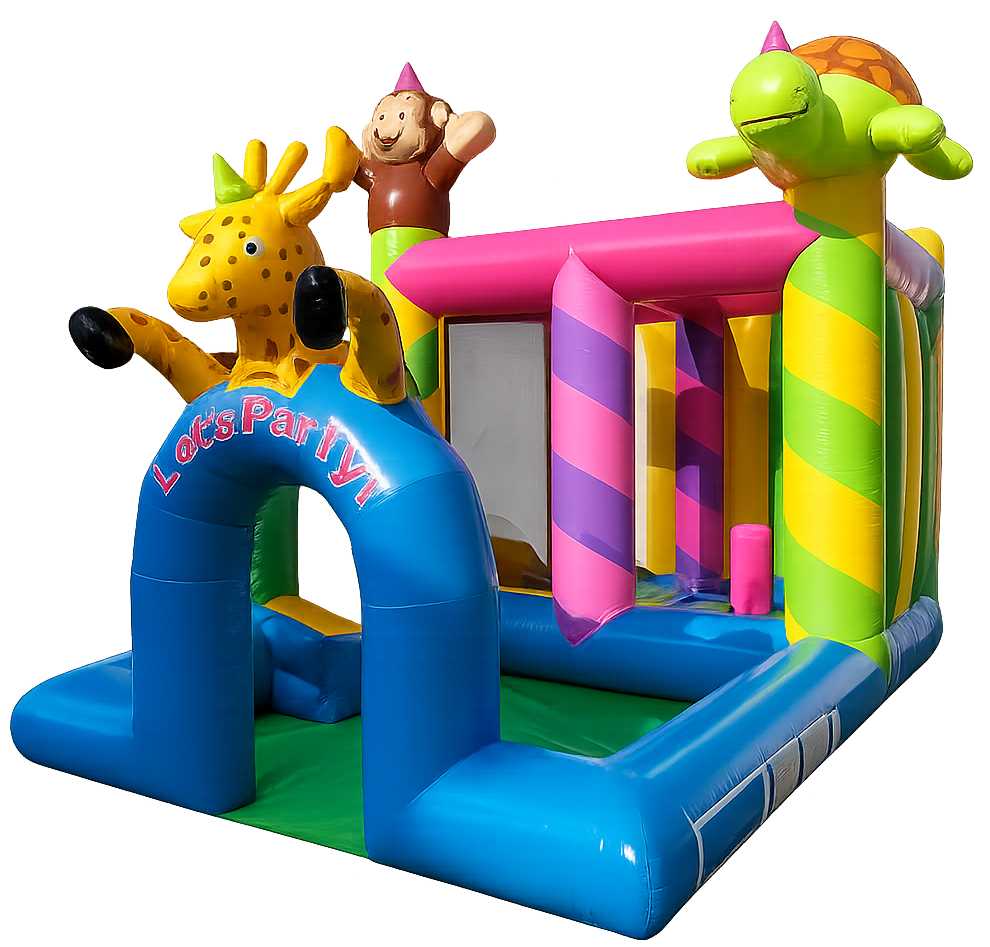 Een kleurrijk springkussen met dierenthema, inclusief een giraffe, een aap en een schildpad, met de tekst 'Let's Party!' op de ingang.